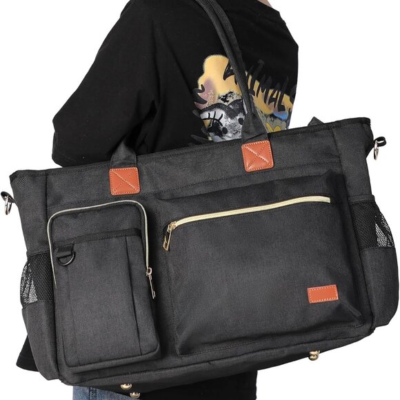 Water-Resistant Black Large Tote Bag for Women, Multiple Compartments, Fits 17-I - Picture 8 of 8